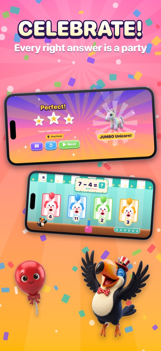 Mathing App Store screenshot. Celebrate: stars, confetti and trophies
