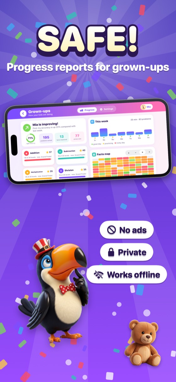Mathing App Store screenshot. Safe: no ads, no data collected, works offline